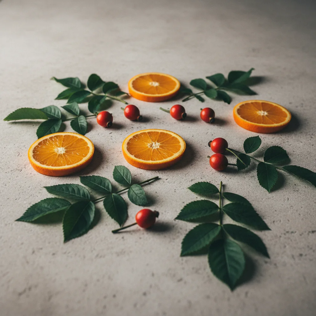Färska citrusfrukter och gröna blad på ett ljust träbord - C-vitamin och naturliga råvaror