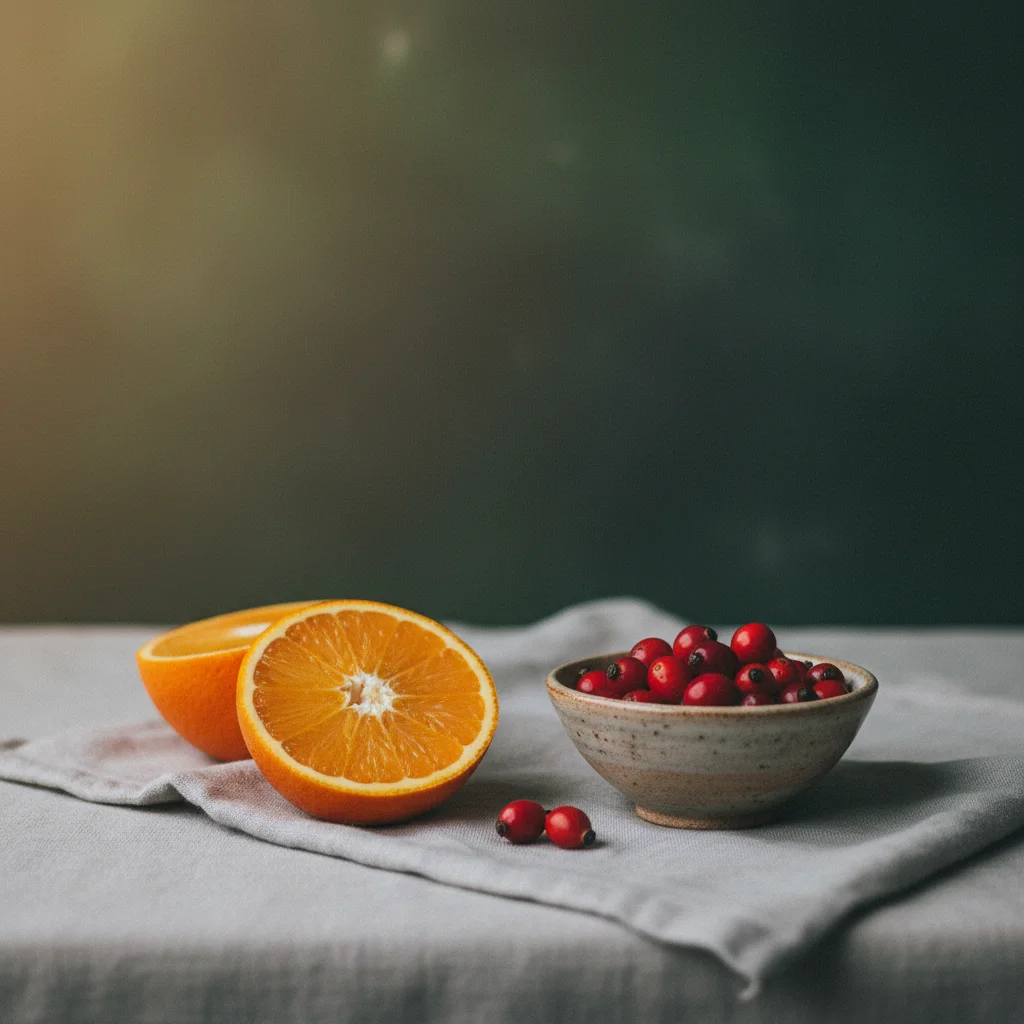 Skivor av apelsin och nypon i en keramikskål på ett ljust träbord - C-vitamin från naturliga råvaror