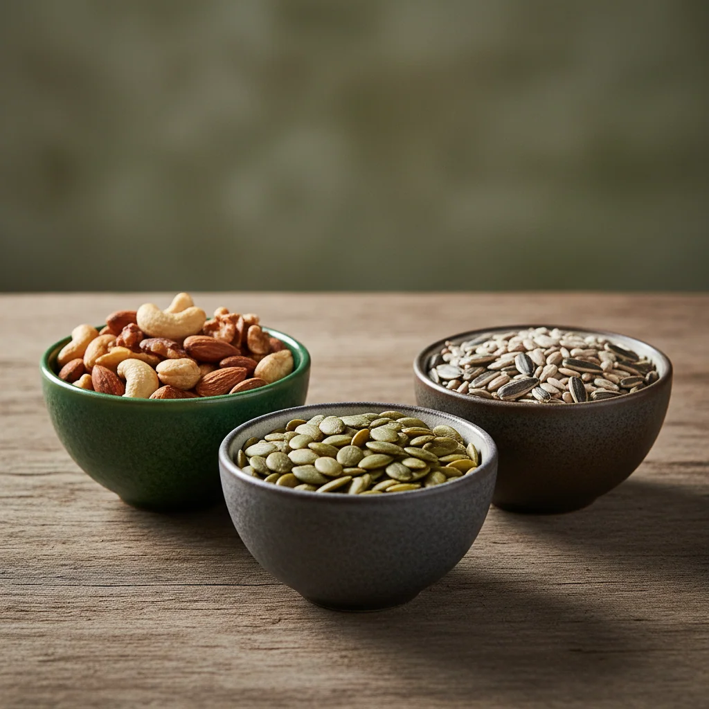 Nötter, frön och gröna blad arrangerade i små keramikskålar på en ljus yta - B-vitaminer från naturliga råvaror